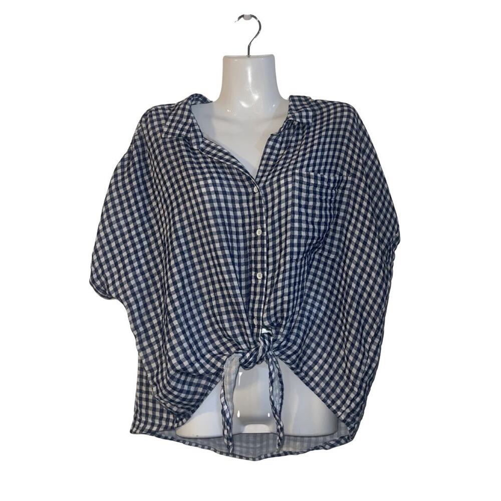 NWT Beachlunchlounge Rosie navy white gingham button down shirt Tie front waist